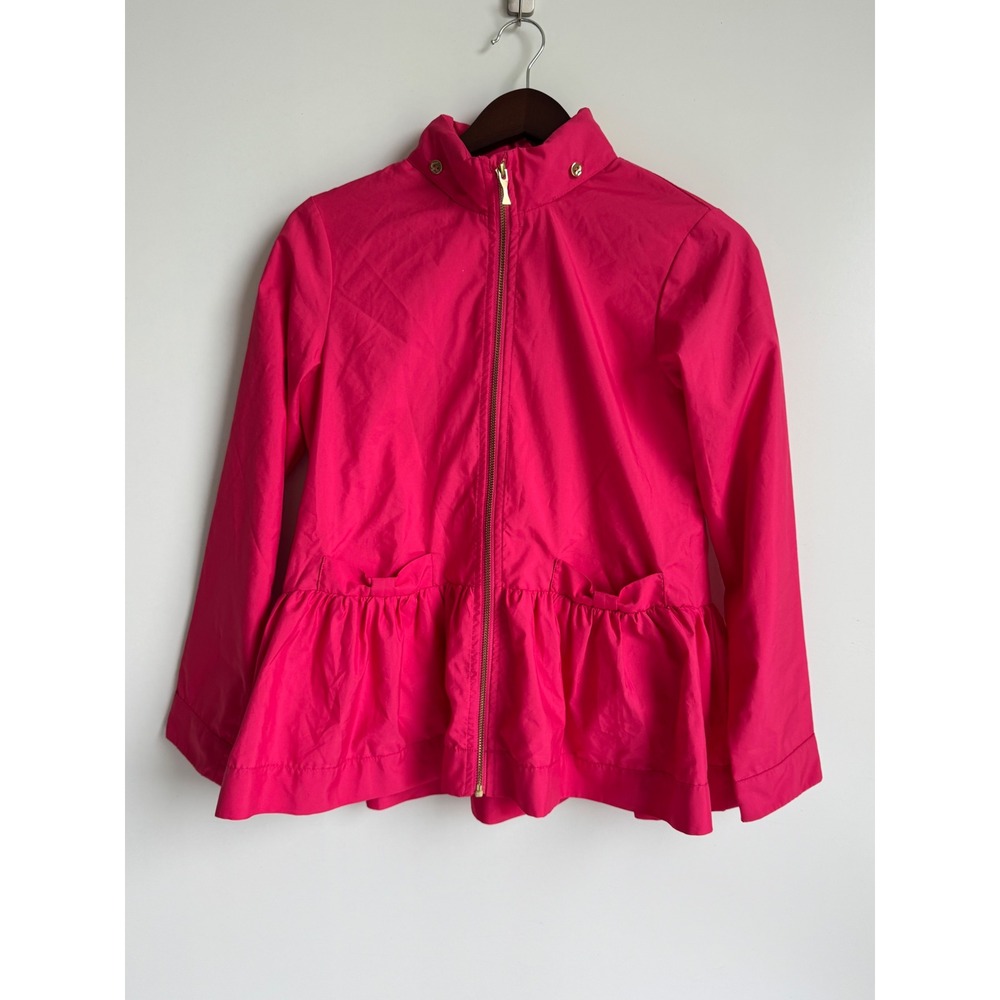 Kate Spade Girls Hot Pink Peplum Jacket Bow Rain Hooded Girls 10 Preppy Chic lux